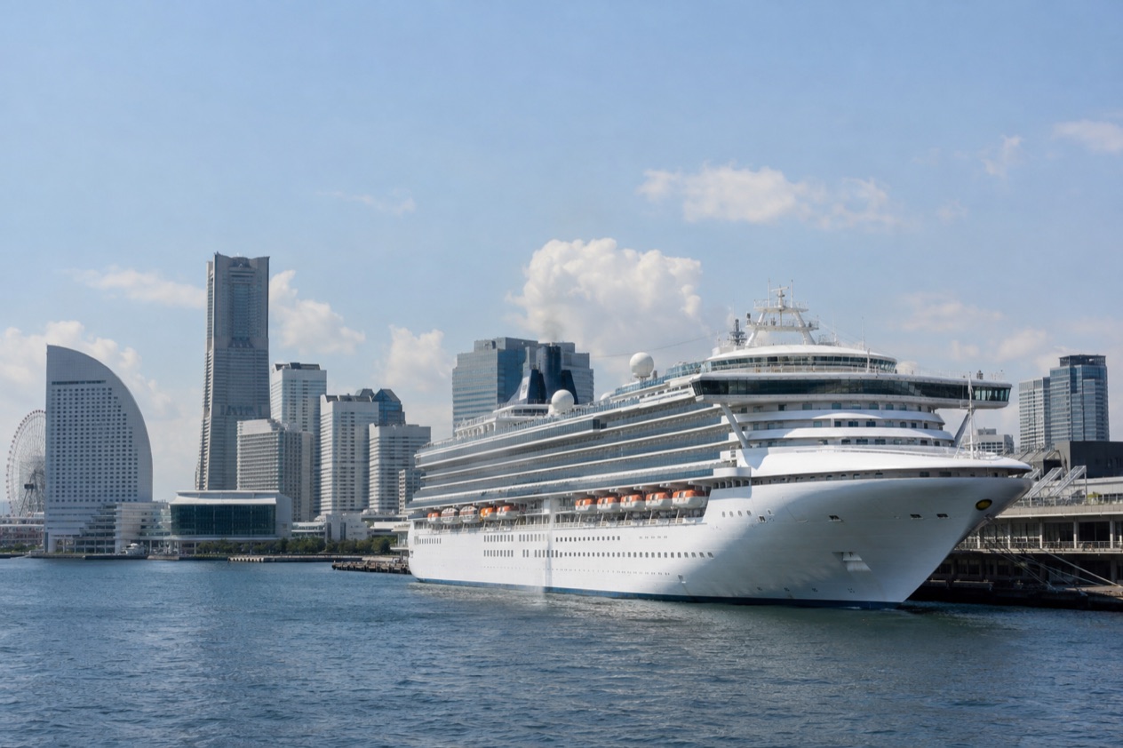 A cruise ship in a Japanese port