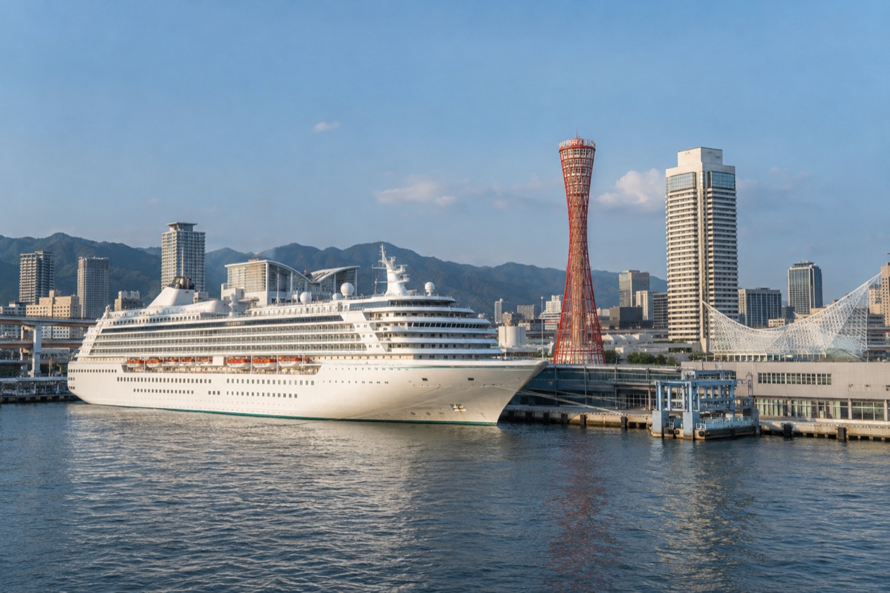 A cruise ship in a Japanese port