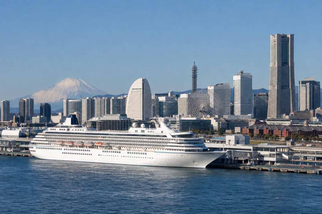 A cruise ship in a Japanese port