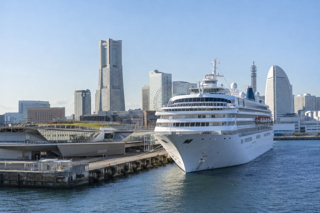 A cruise ship in a Japanese port