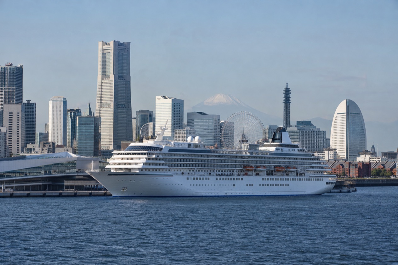A cruise ship in a Japanese port