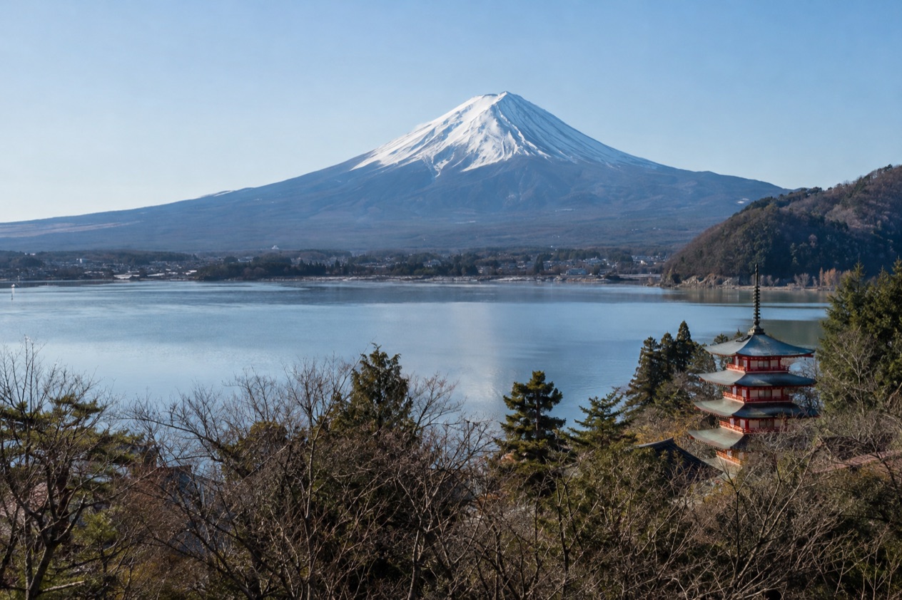Mount Fuji and the Japanese countryside in winter
