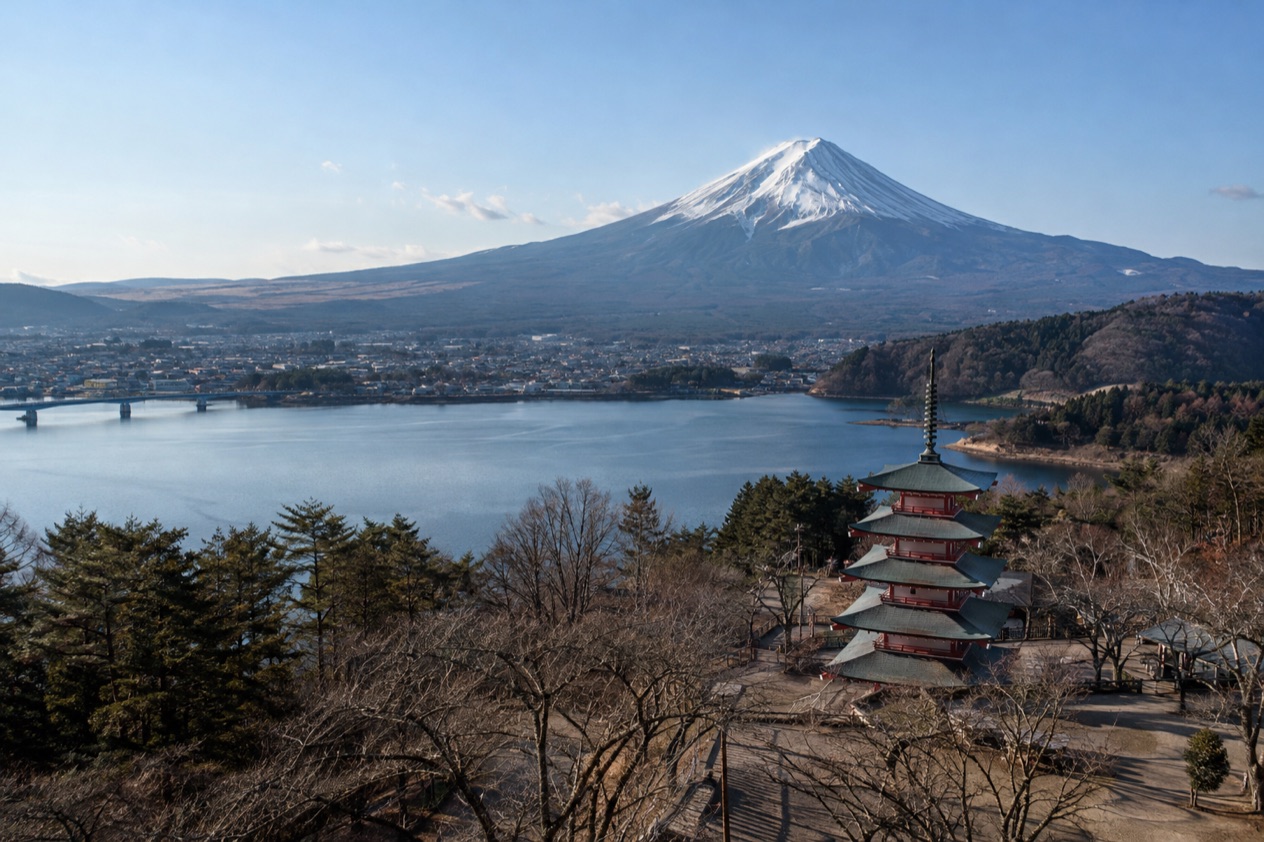 Mount Fuji and the Japanese countryside in winter