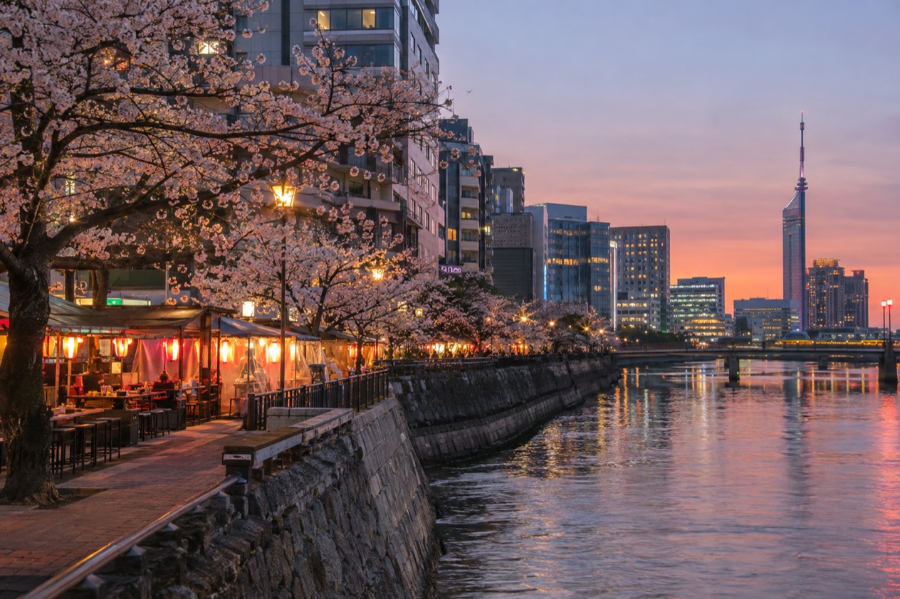 Food stalls along the river in Fukuoka in the cherry blossom season