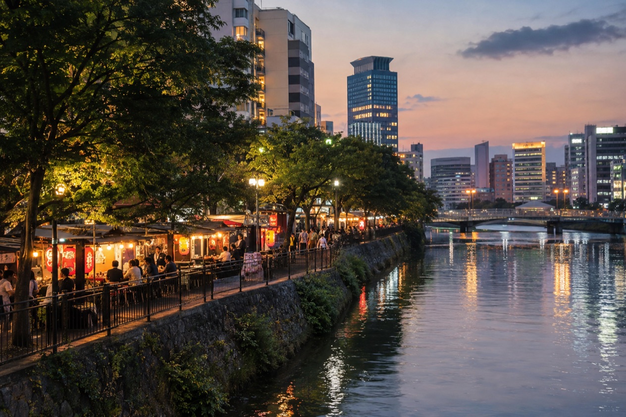 Food stalls along the river in Fukuoka in summer
