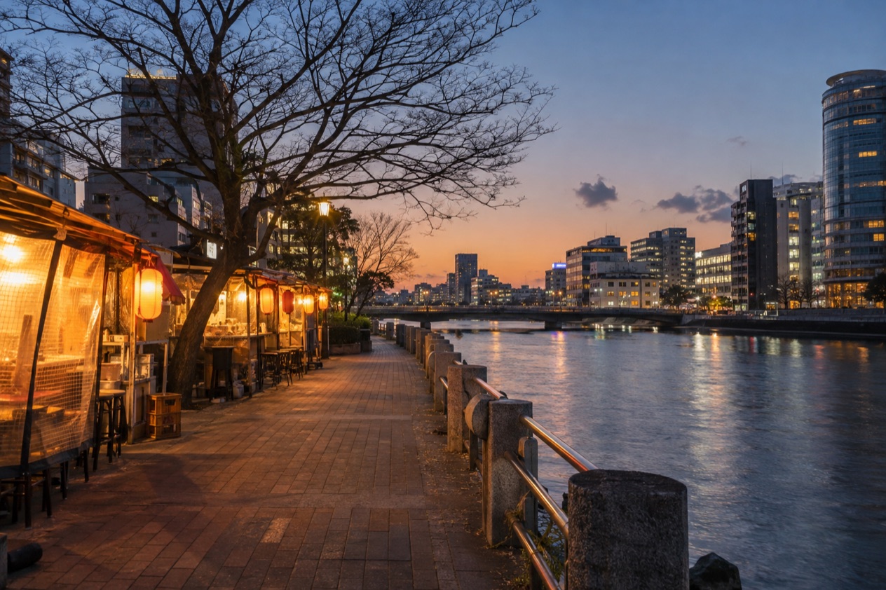 Food stalls along the river in Fukuoka in winter