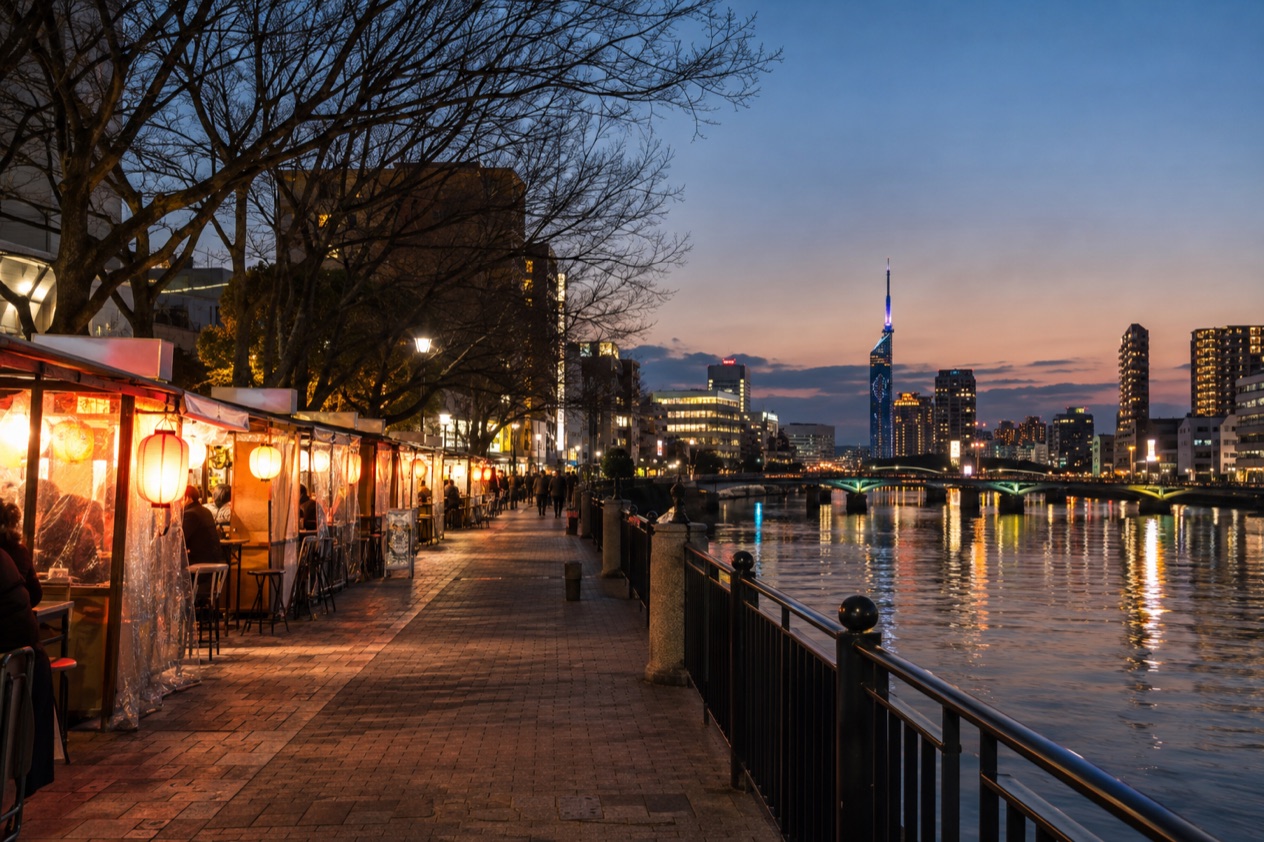 Food stalls along the river in Fukuoka in winter