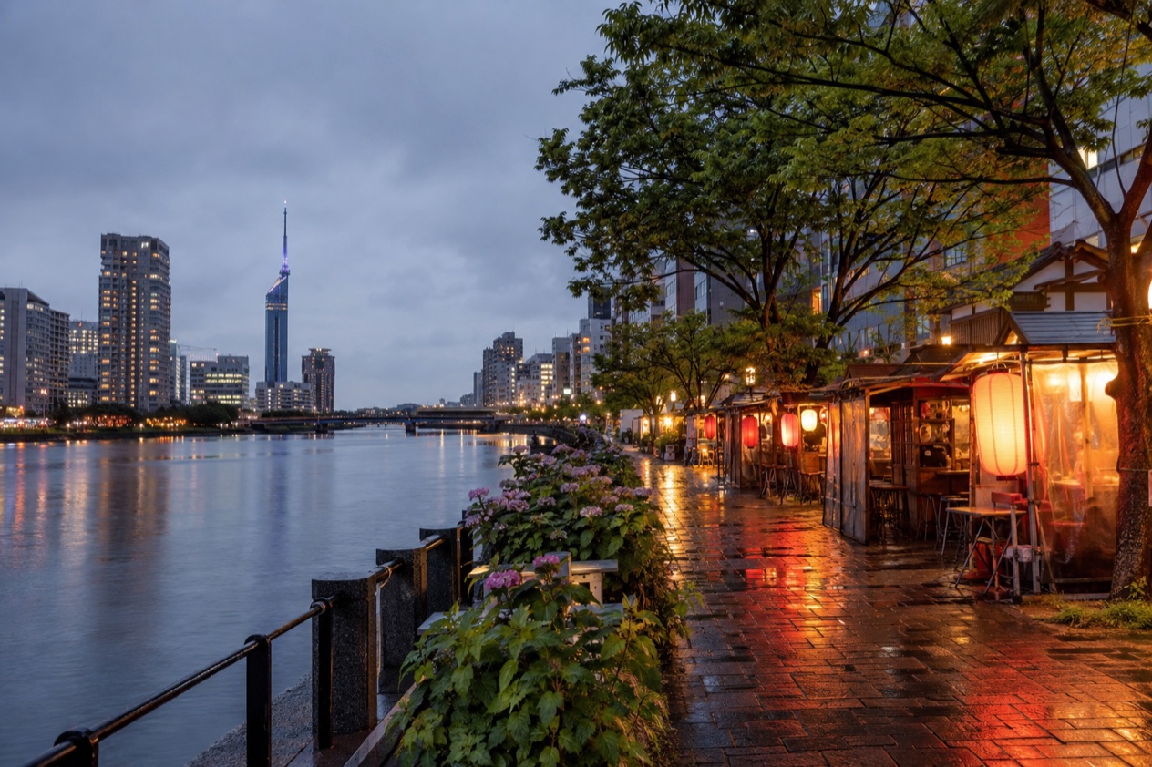 Food stalls along the river in Fukuoka in the rainy season