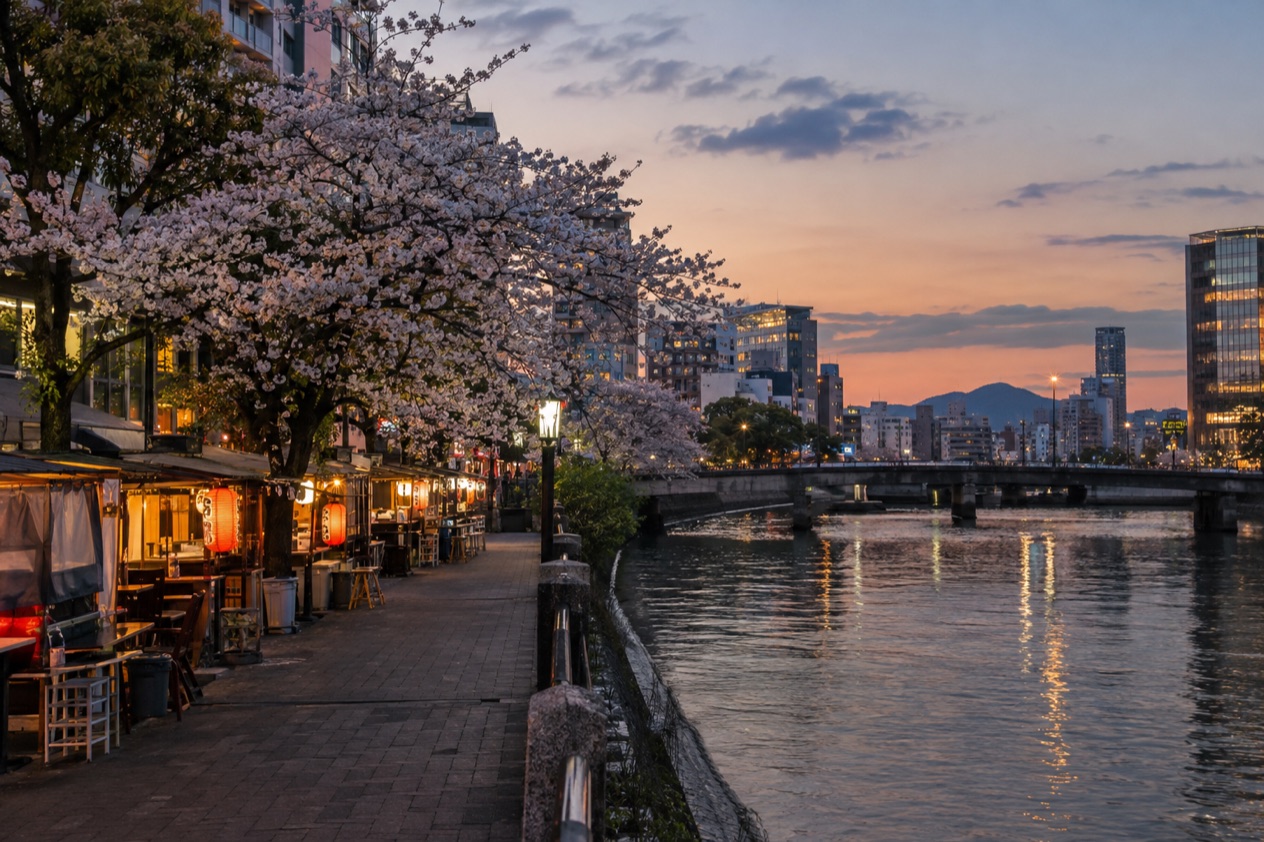 Food stalls along the river in Fukuoka in the cherry blossom season