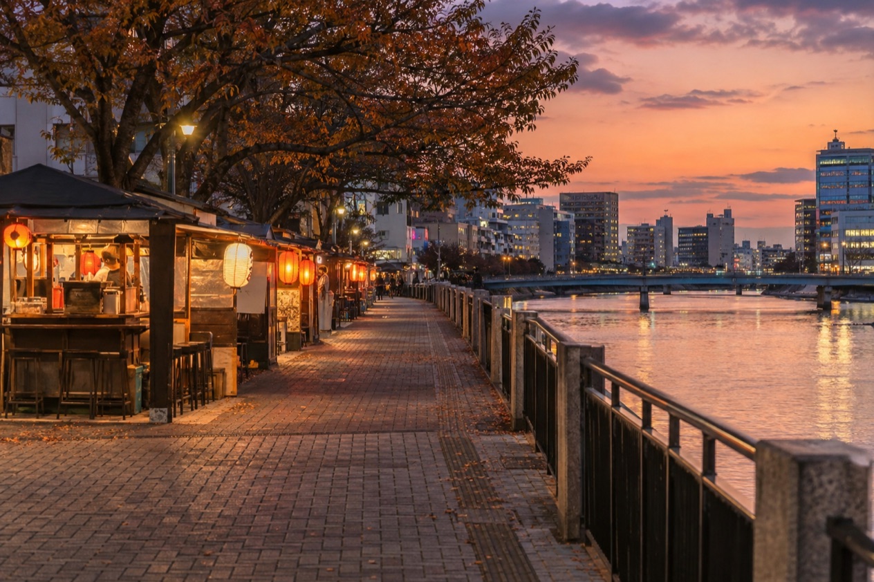 Food stalls along the river in Fukuoka in autumn
