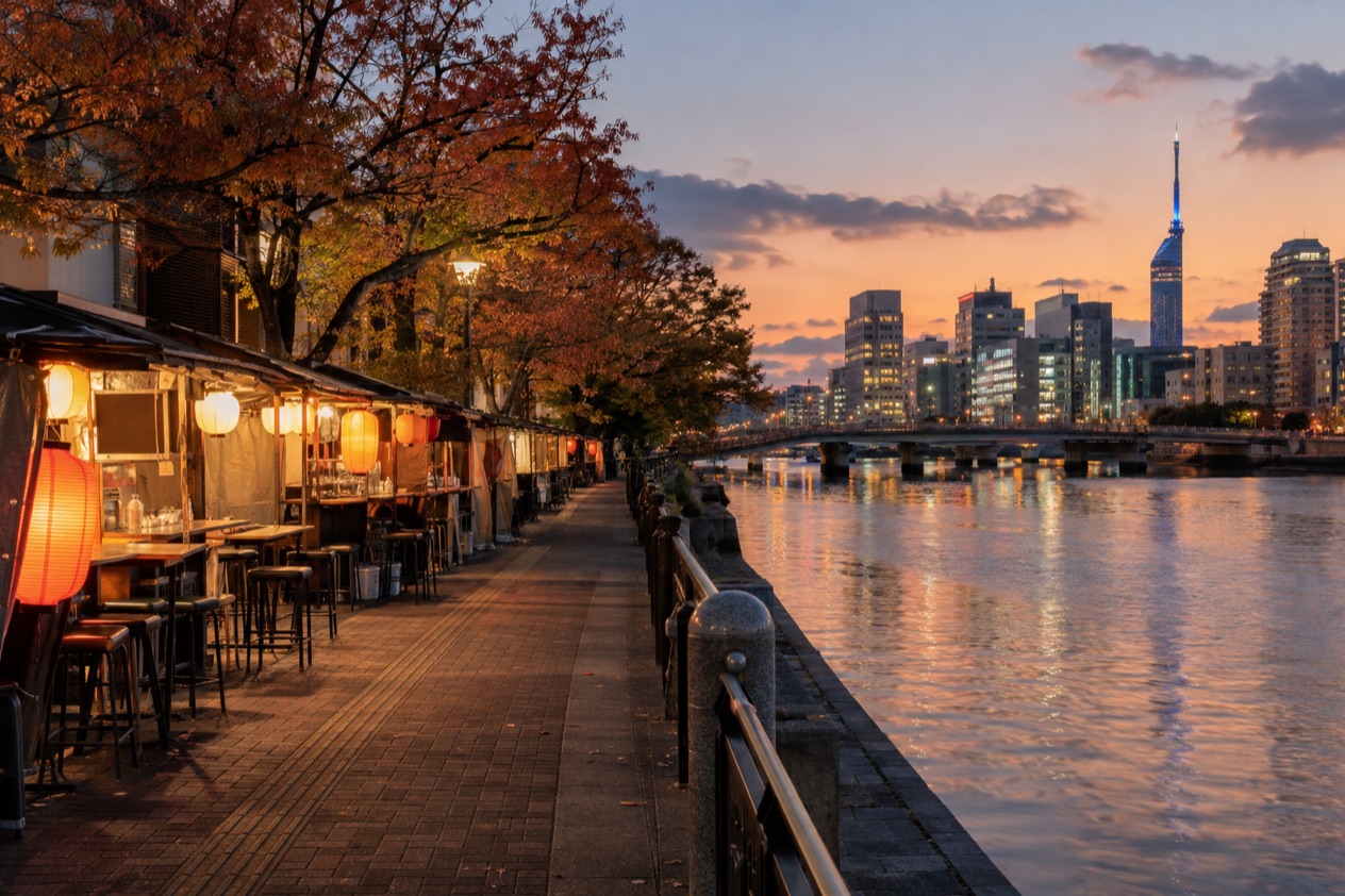 Food stalls along the river in Fukuoka in autumn