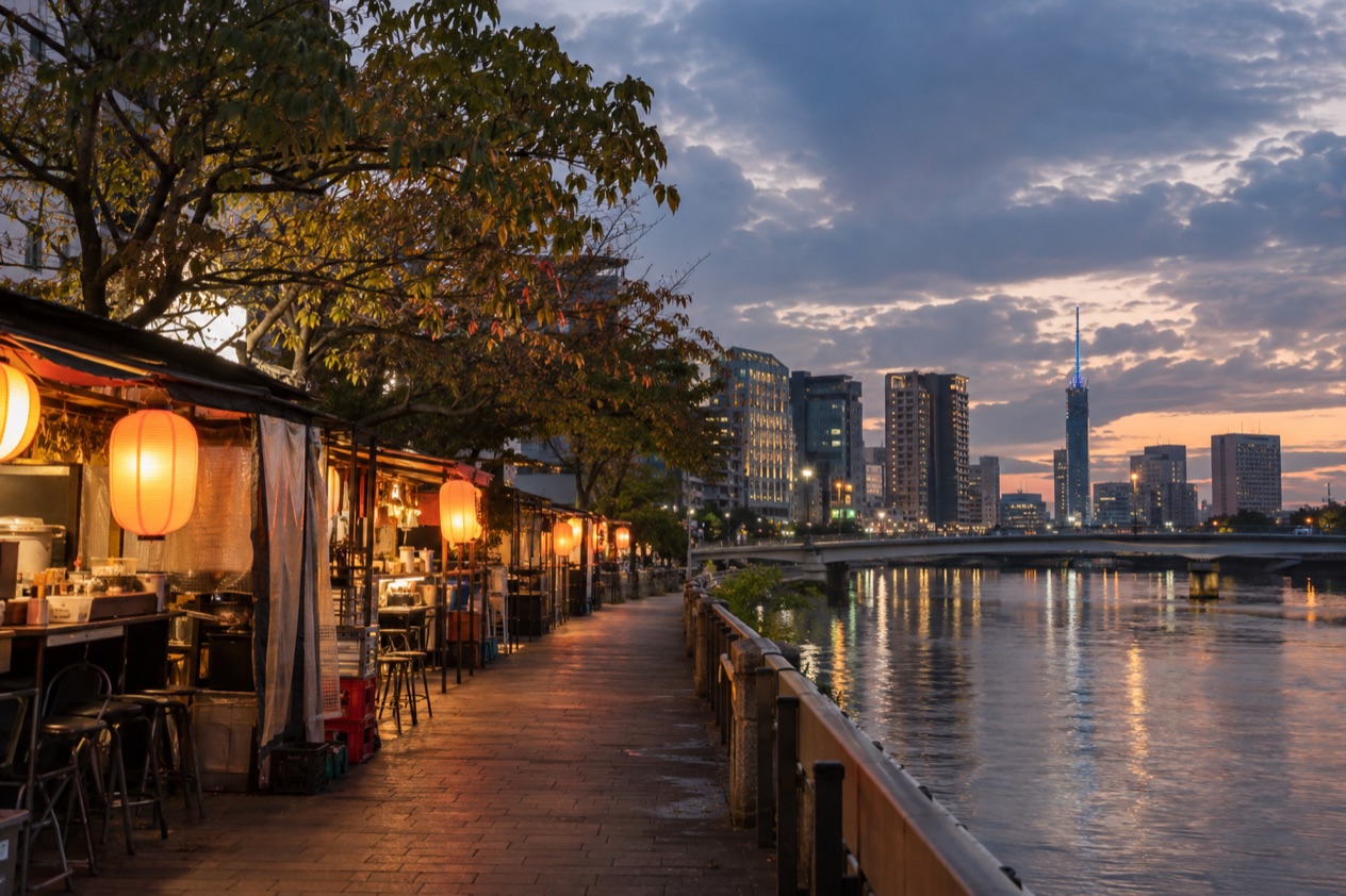 Food stalls along the river in Fukuoka in early autumn
