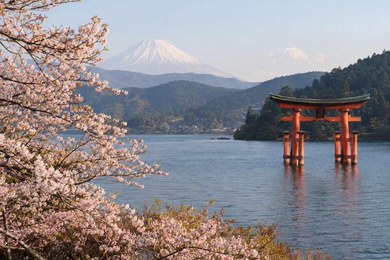 Lake Ashi in Hakone in the cherry blossom season