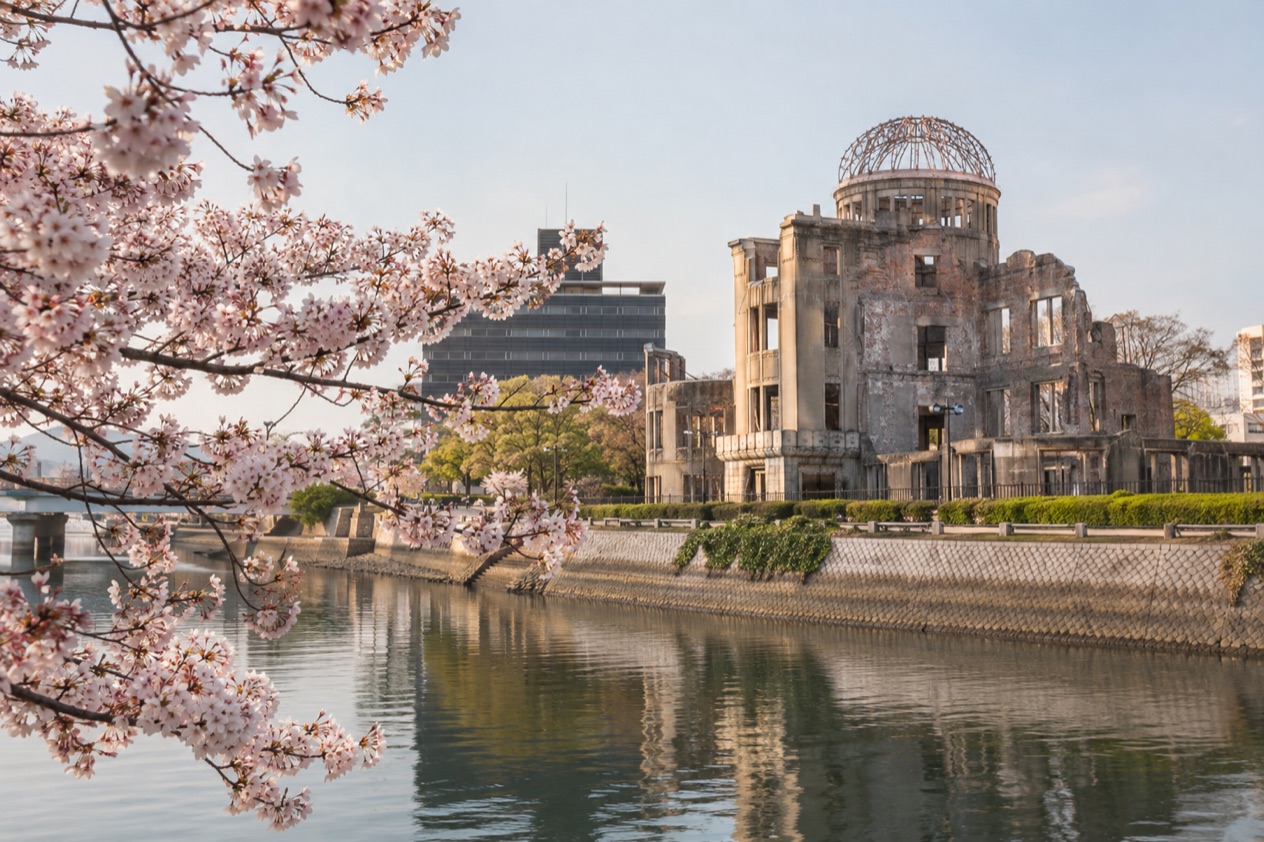 The Atomic Bomb Dome in Hiroshima in the cherry blossom season