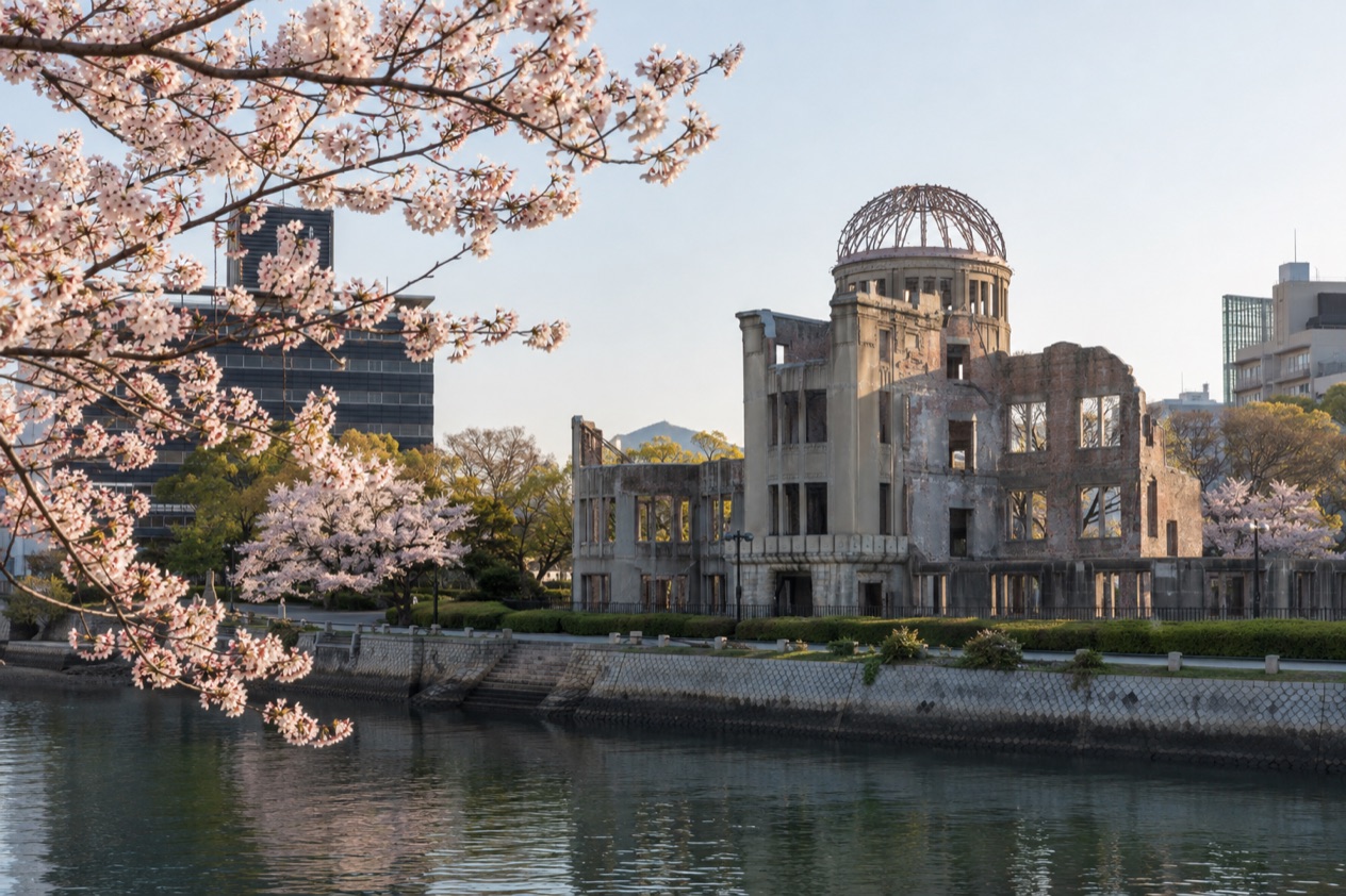 The Atomic Bomb Dome in Hiroshima in the cherry blossom season