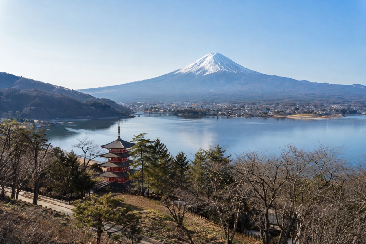Mount Fuji and the Japanese countryside in winter
