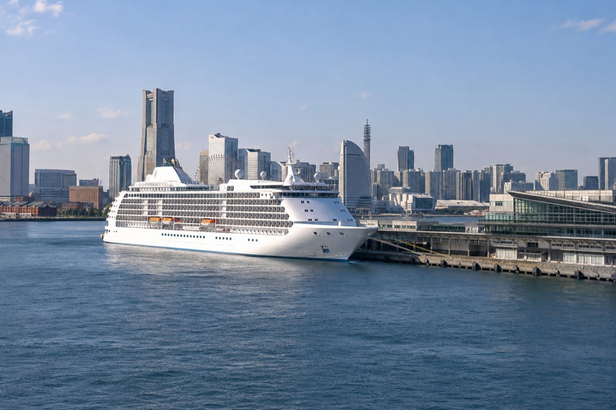 A cruise ship in a Japanese port
