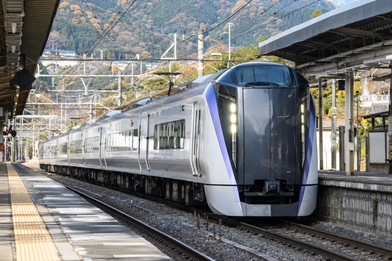 A train arriving at a station in Japan