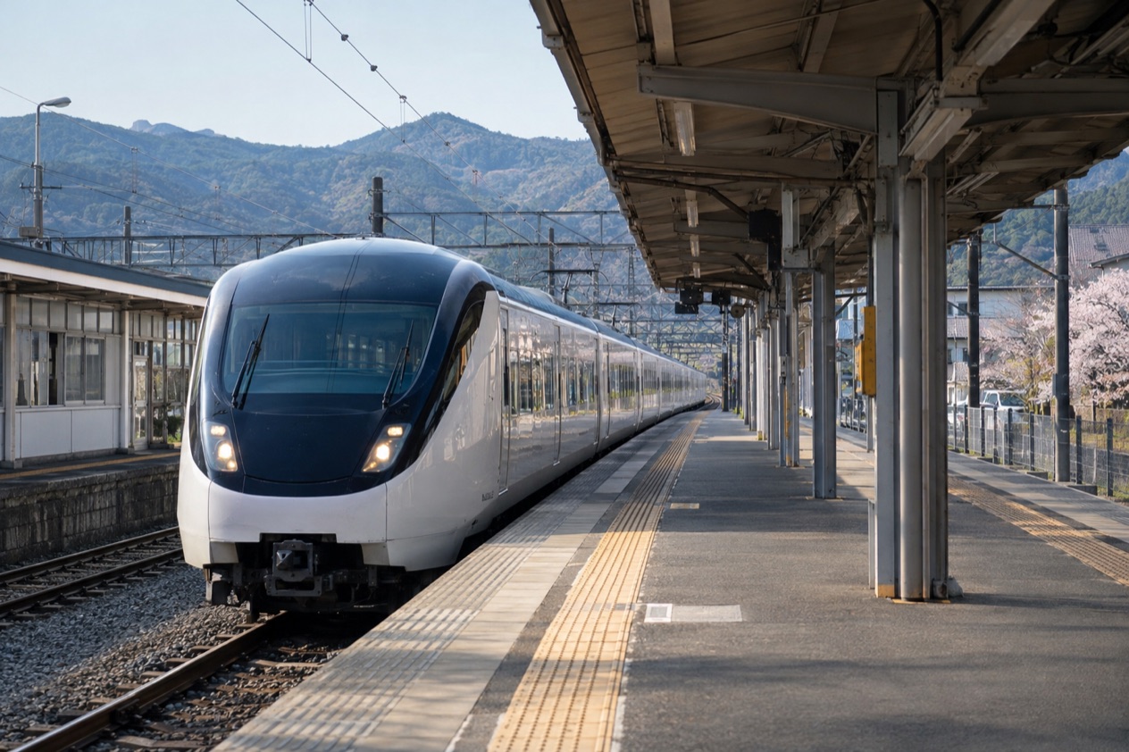 A train arriving at a station in Japan