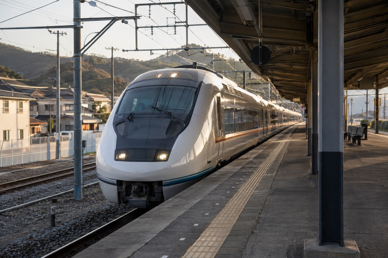 A train arriving at a station in Japan