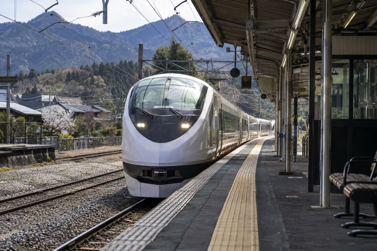 A train arriving at a station in Japan