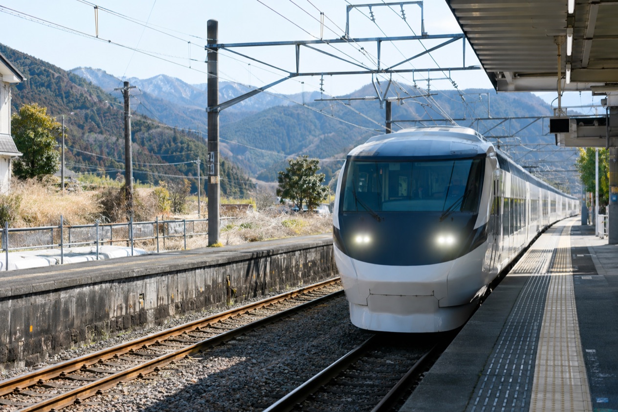 A train arriving at a station in Japan