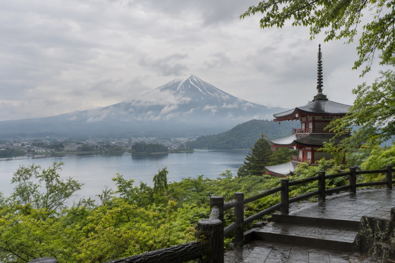 Mount Fuji and the Japanese countryside in the rainy season