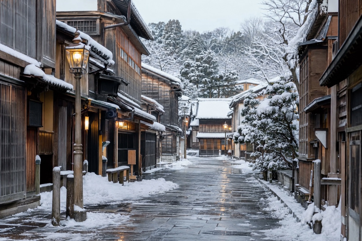 The Higashi Chaya district in Kanazawa in winter