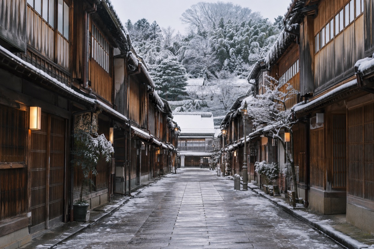 The Higashi Chaya district in Kanazawa in winter