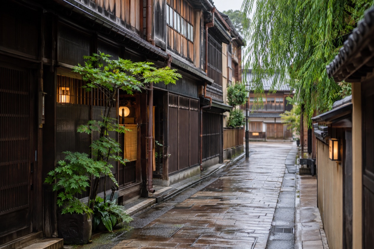 The Higashi Chaya district in Kanazawa in the rainy season