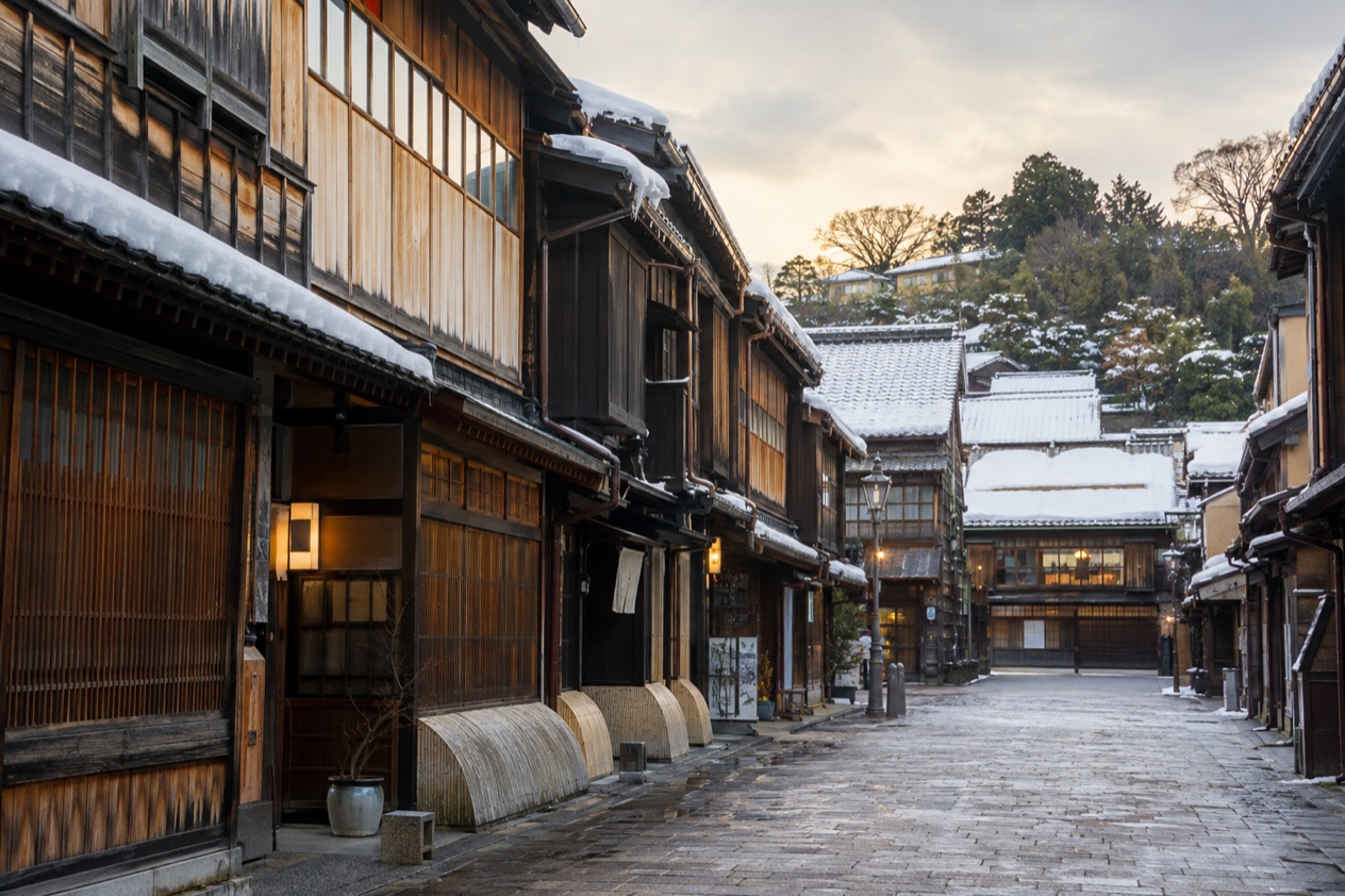 The Higashi Chaya district in Kanazawa in late winter