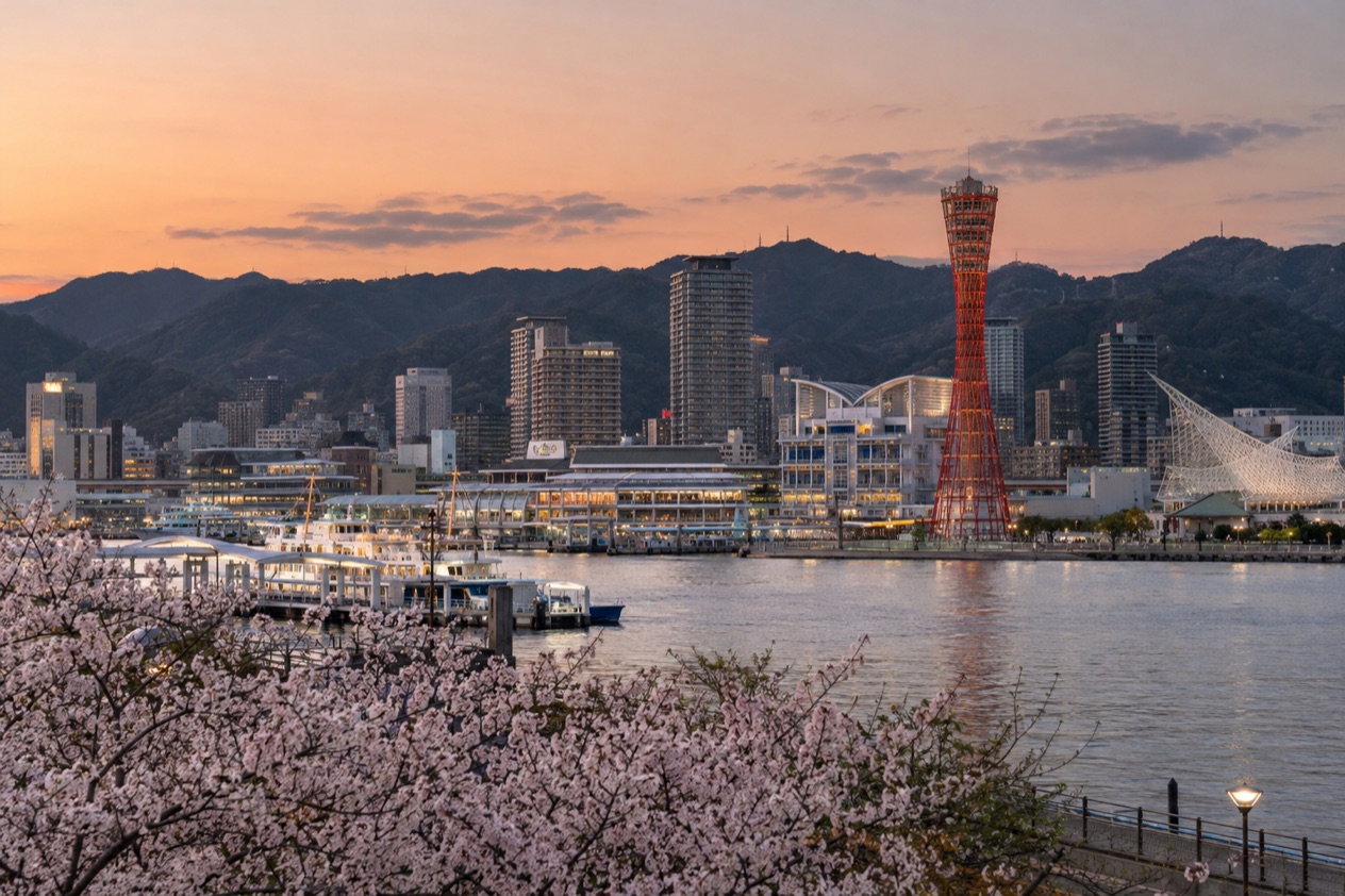The harbor of Kobe in the cherry blossom season
