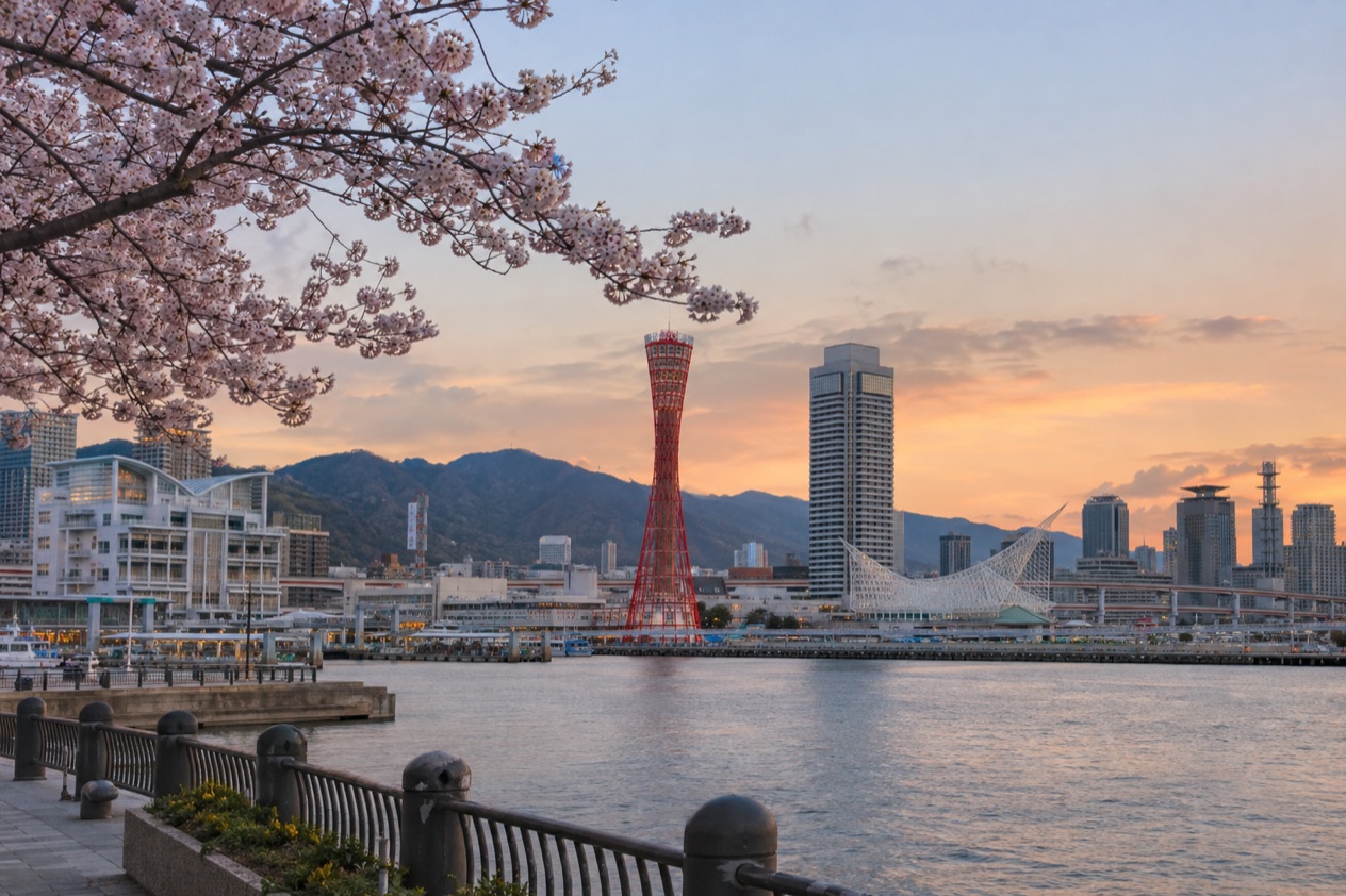 The harbor of Kobe in the cherry blossom season