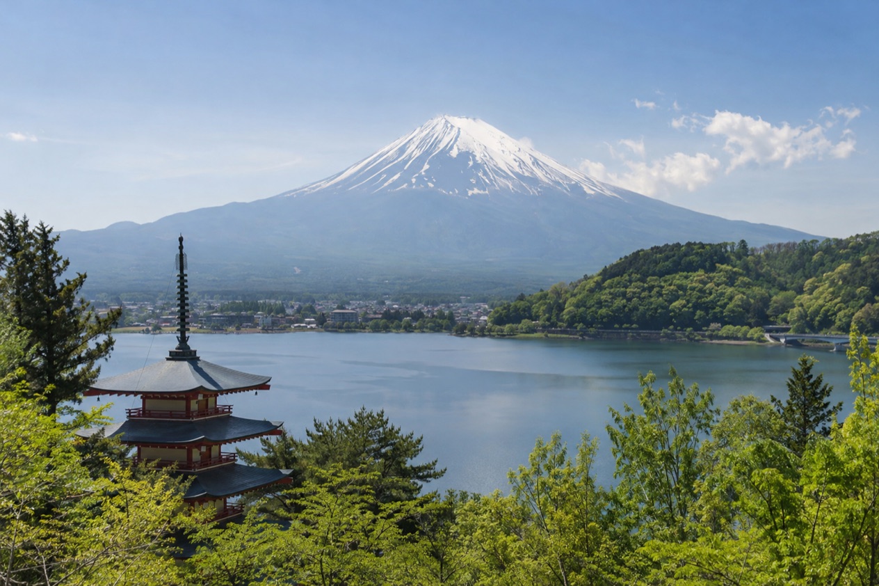 Mount Fuji and the Japanese countryside in spring