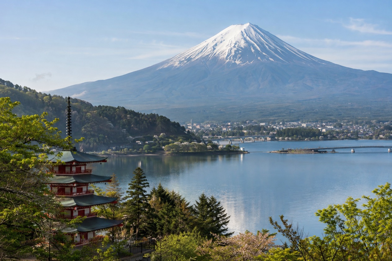 Mount Fuji and the Japanese countryside in spring