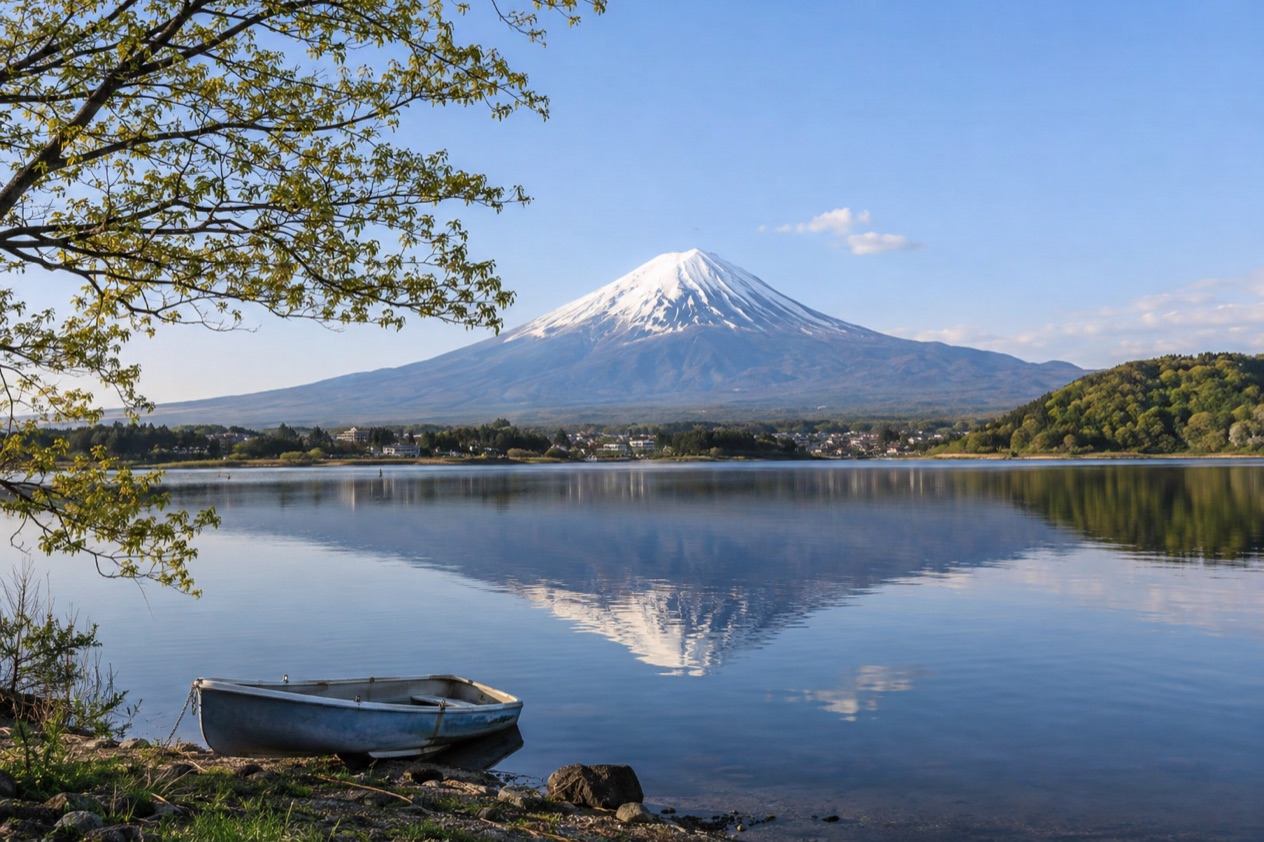Mount Fuji from Lake Kawaguchi in spring