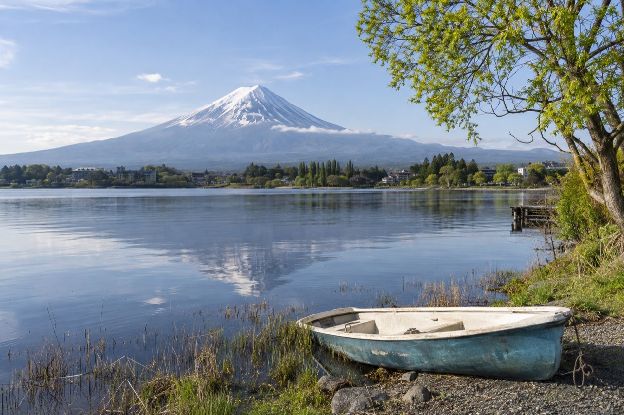 Mount Fuji from Lake Kawaguchi in spring