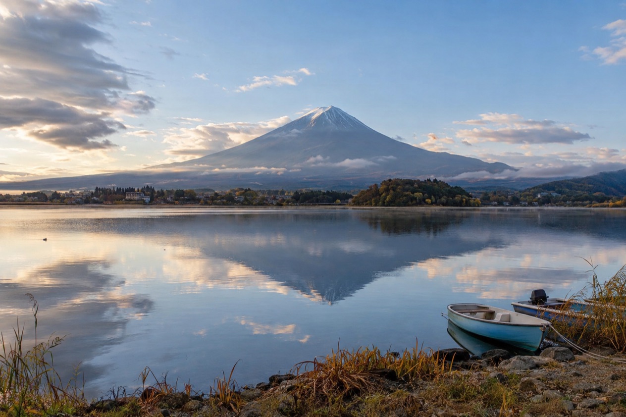 Mount Fuji from Lake Kawaguchi in early autumn