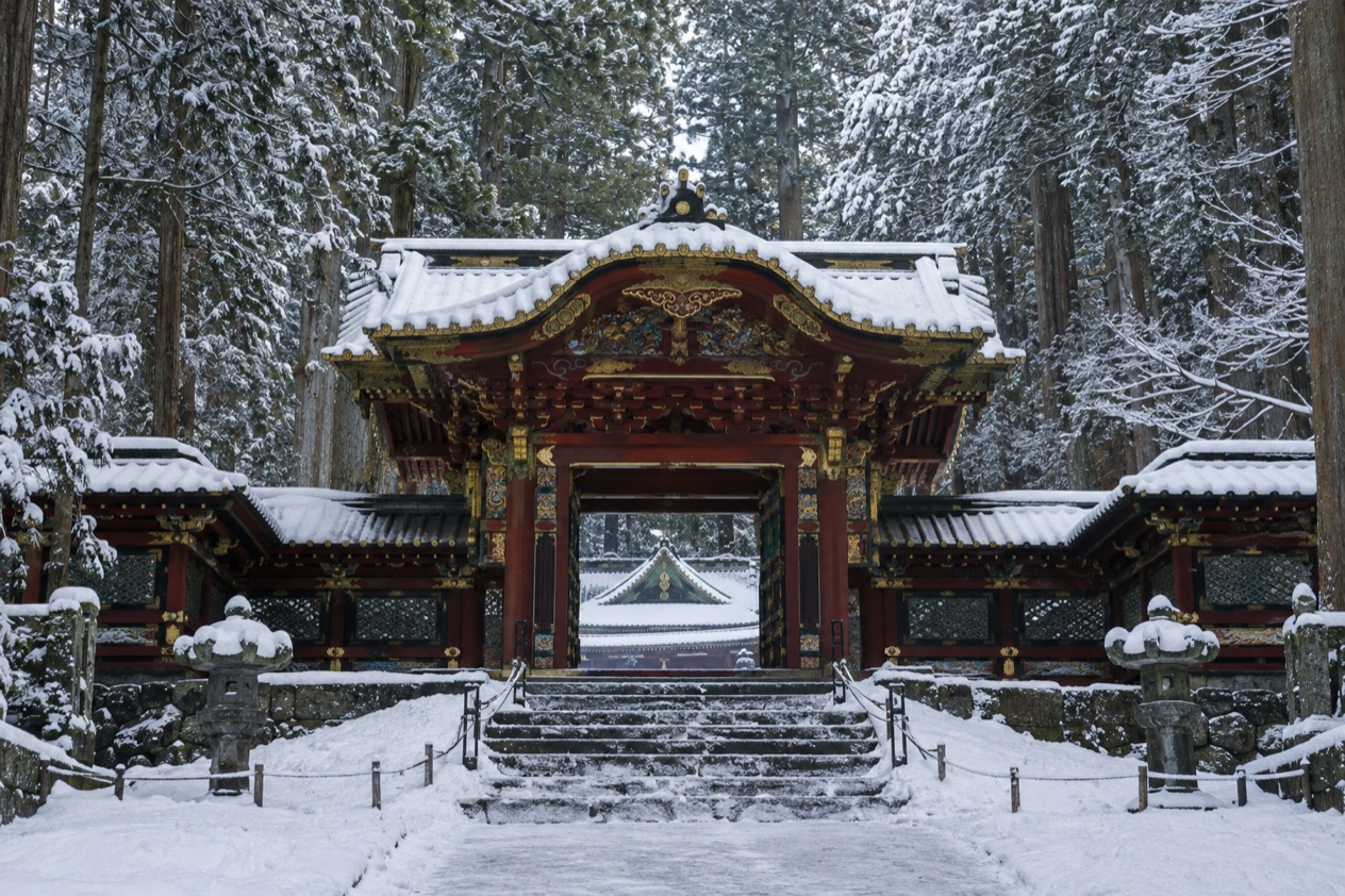 A shrine gate in Nikko in winter