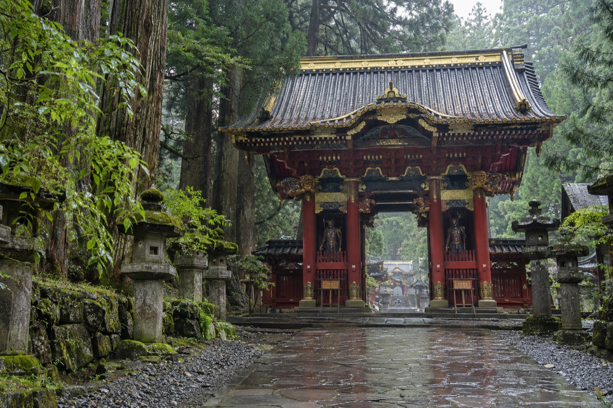 A shrine gate in Nikko in the rainy season