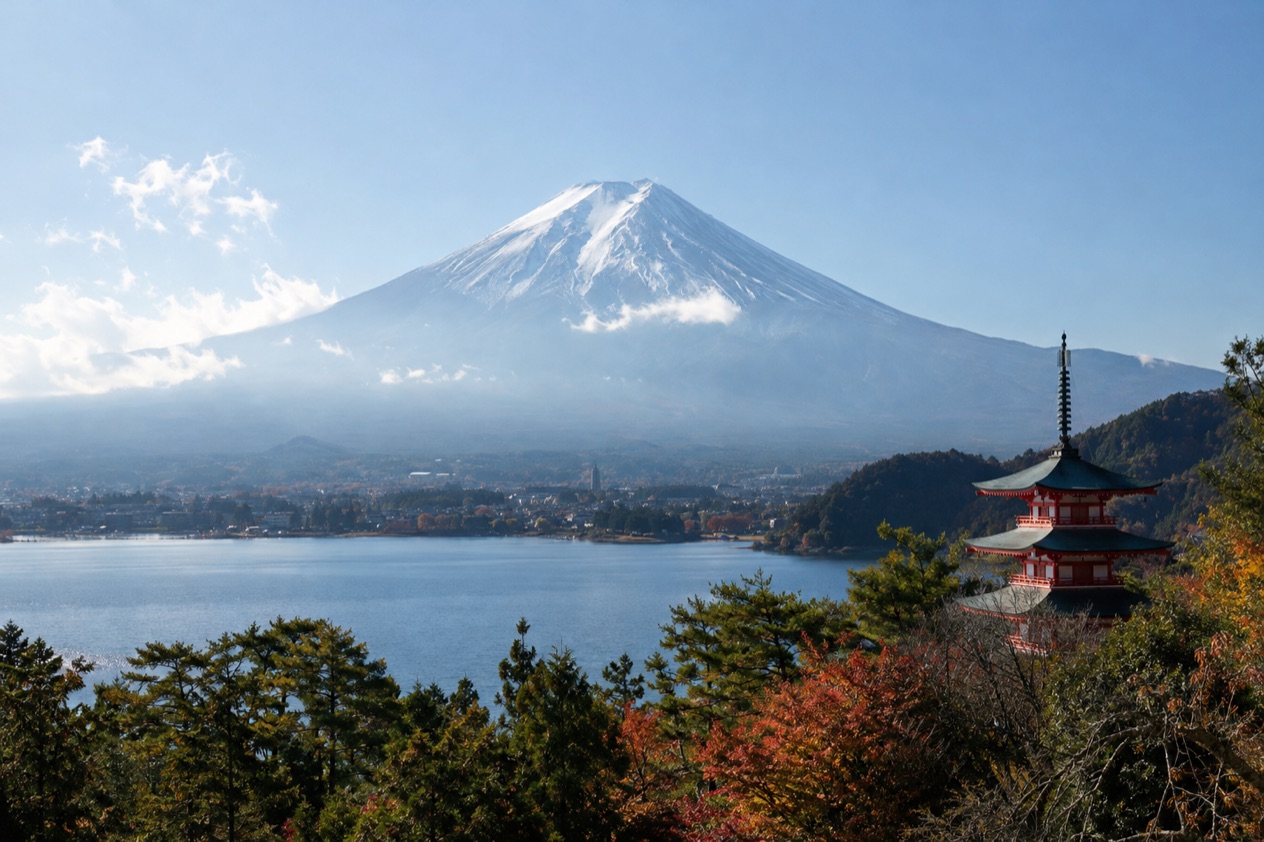 Mount Fuji and the Japanese countryside in autumn