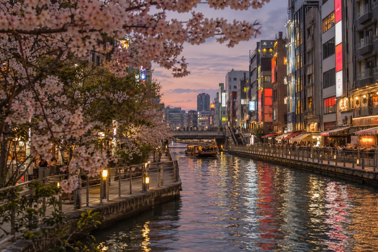 The Dotonbori canal in Osaka in the cherry blossom season