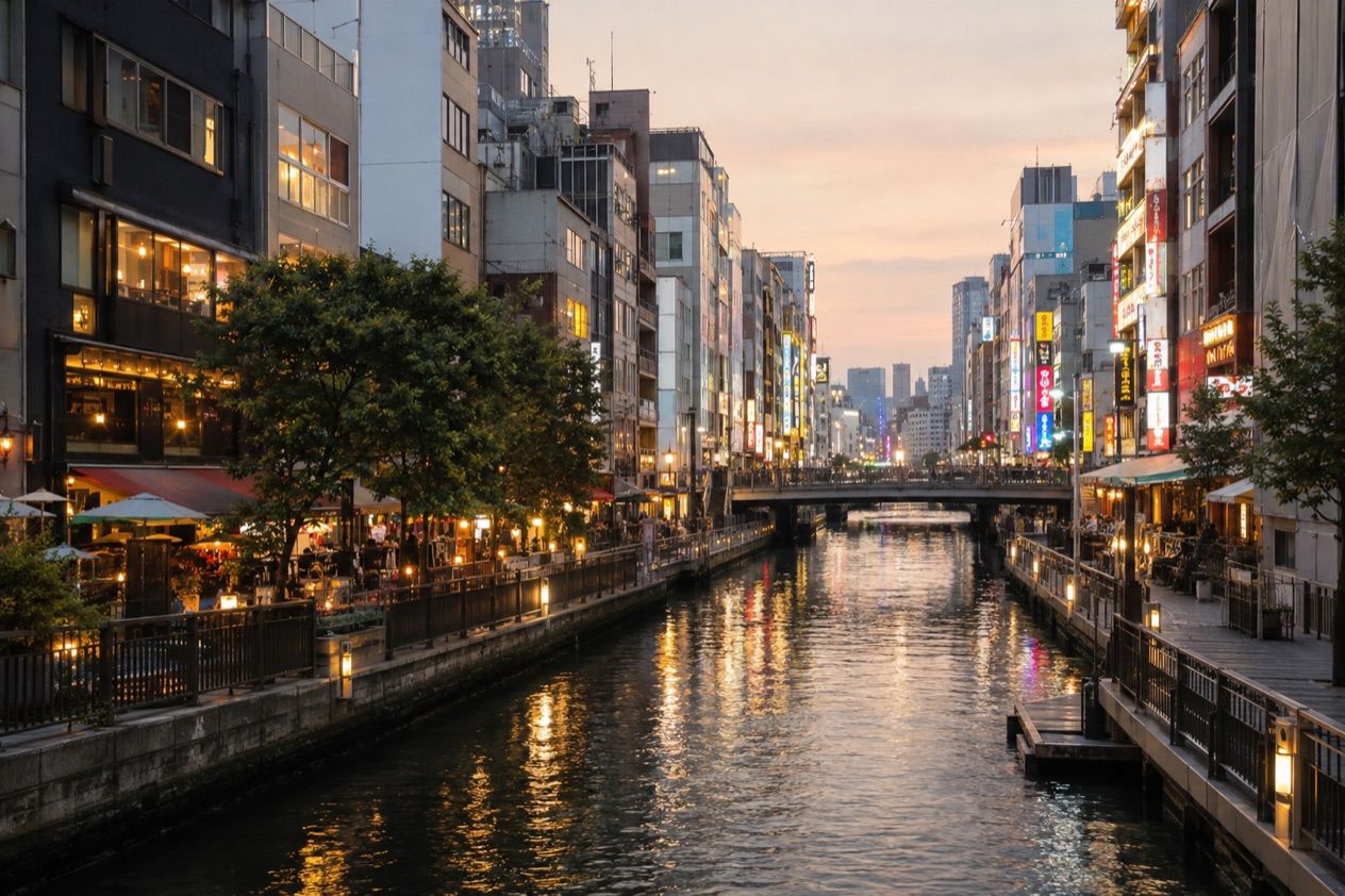 The Dotonbori canal in Osaka in summer