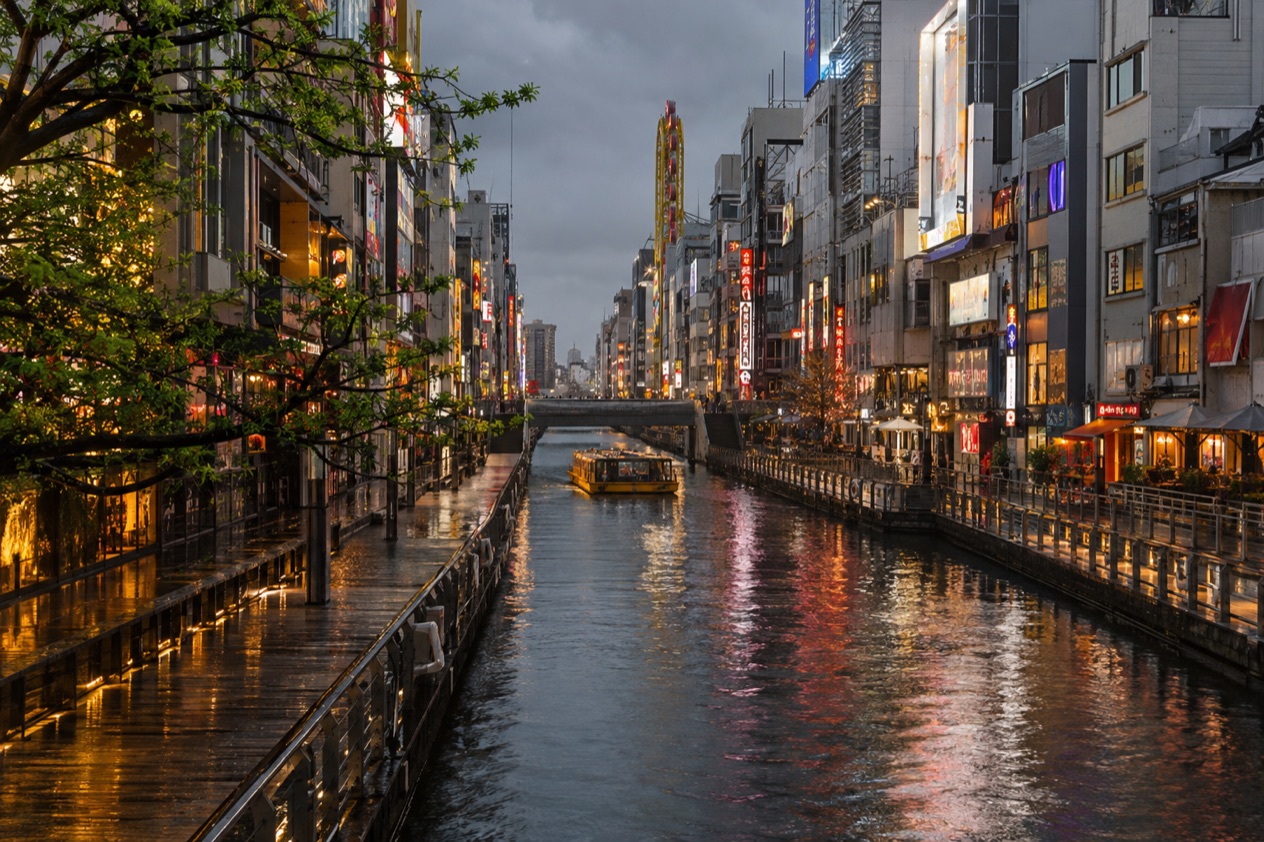 The Dotonbori canal in Osaka in the rainy season