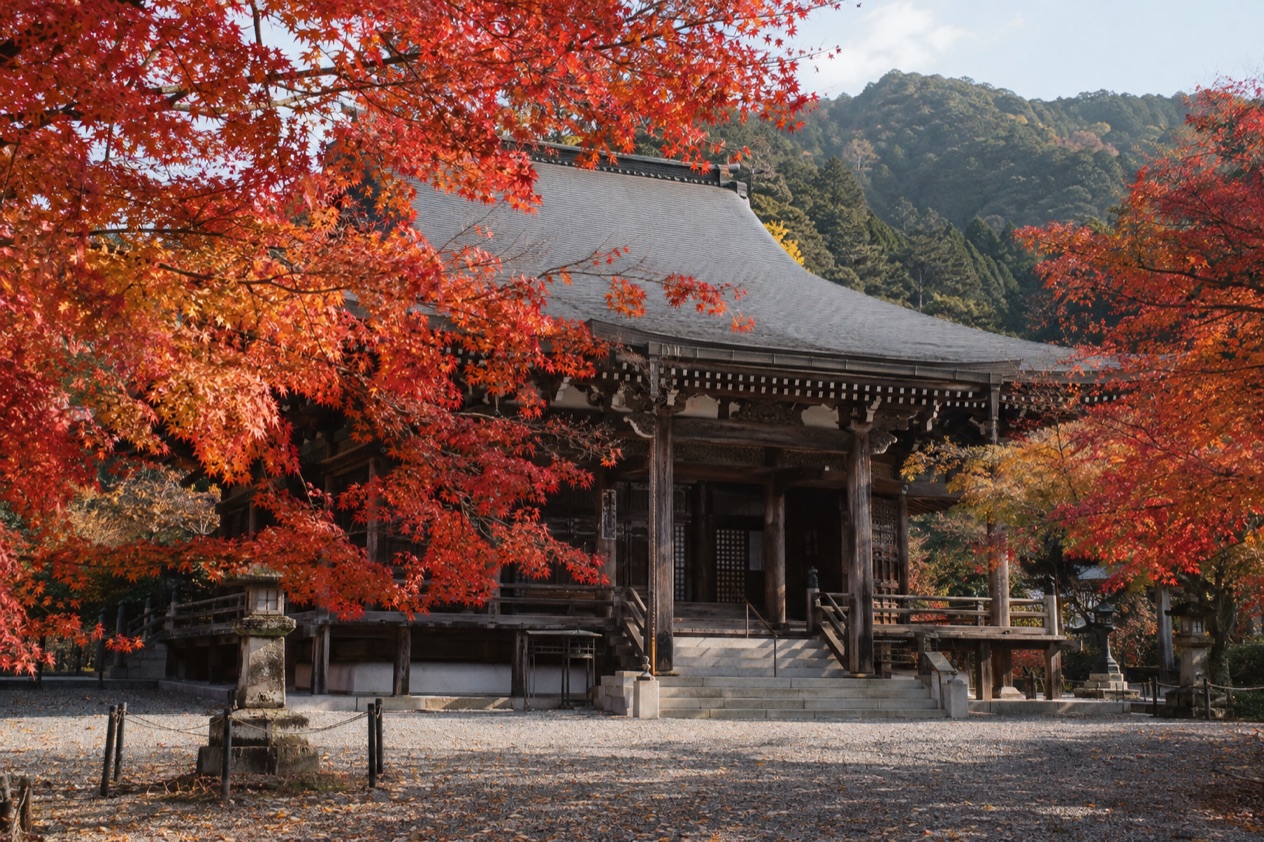 Red maple leaves around a temple