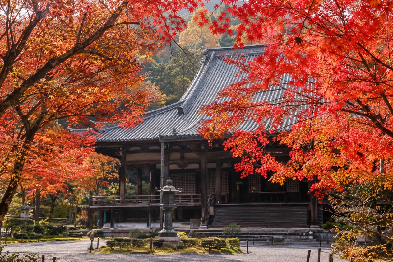 Red maple leaves around a temple