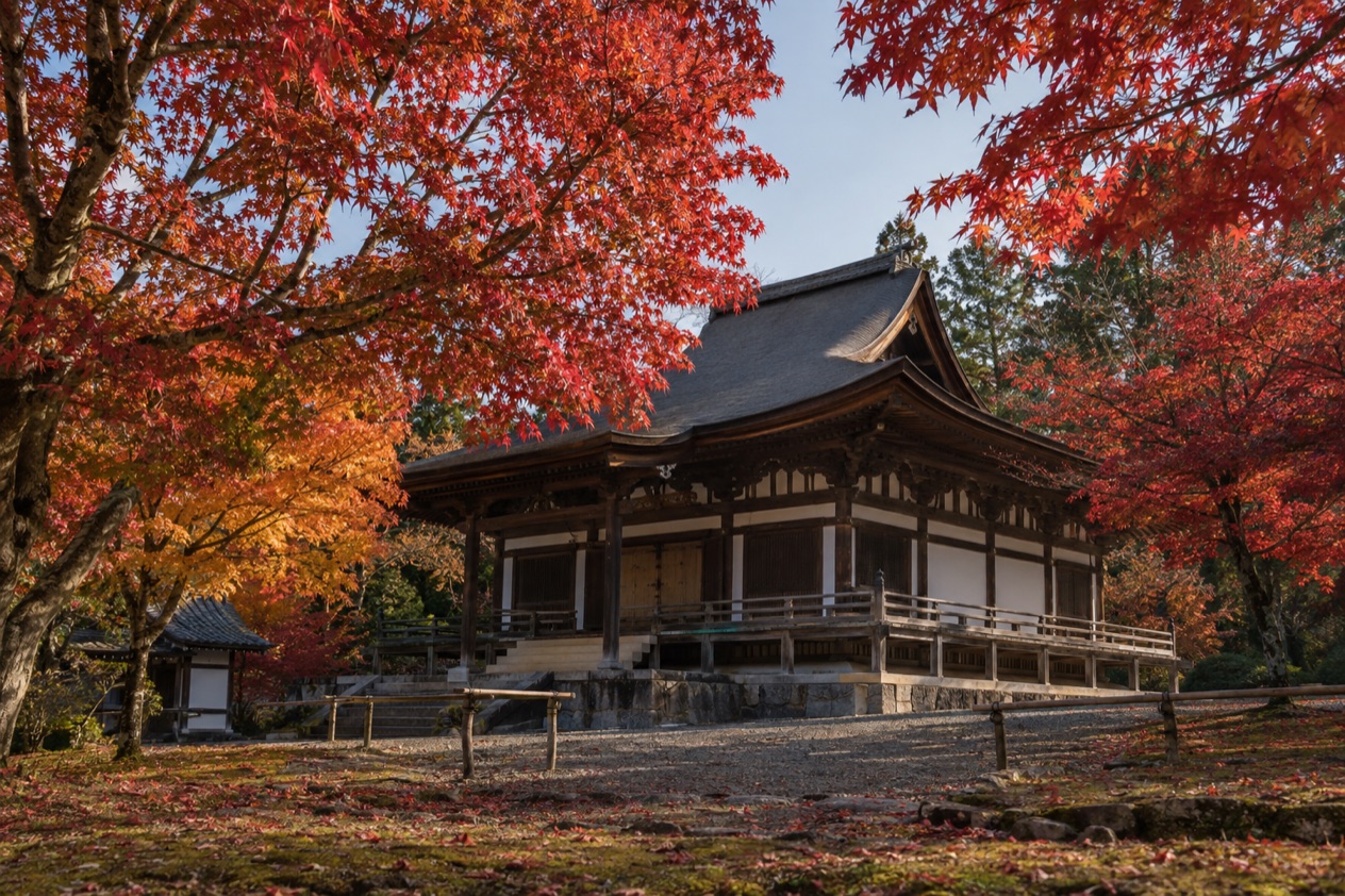 Red maple leaves around a temple