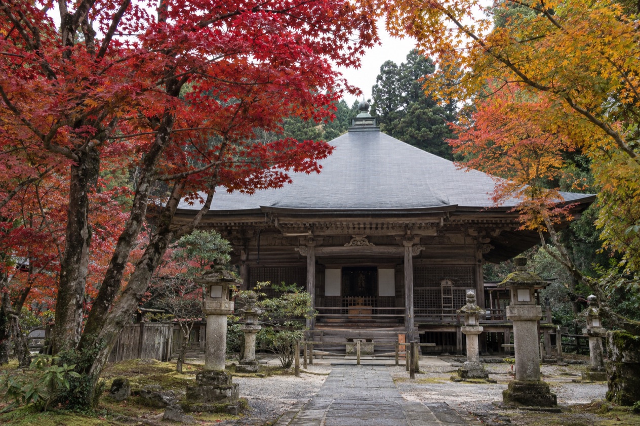 Red maple leaves around a temple