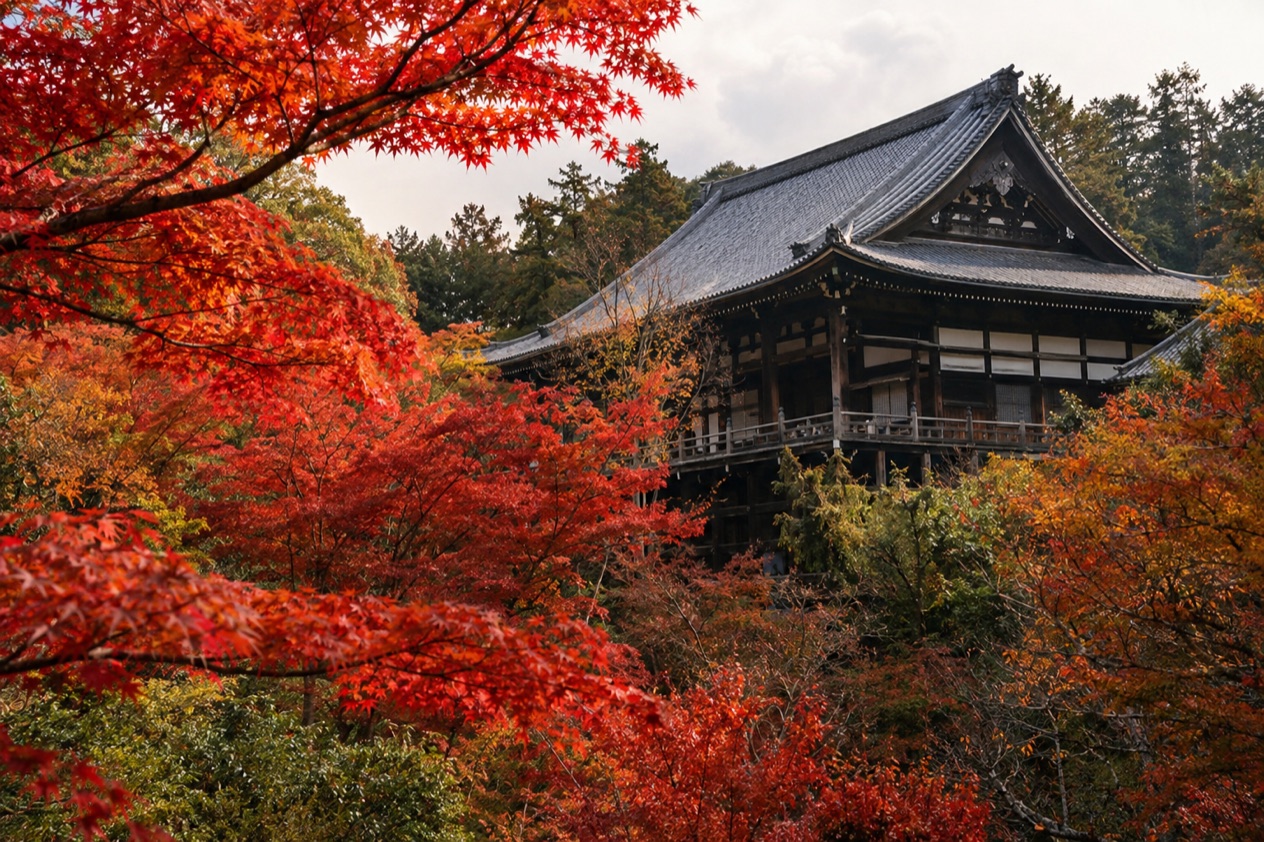 Red maple leaves around a temple