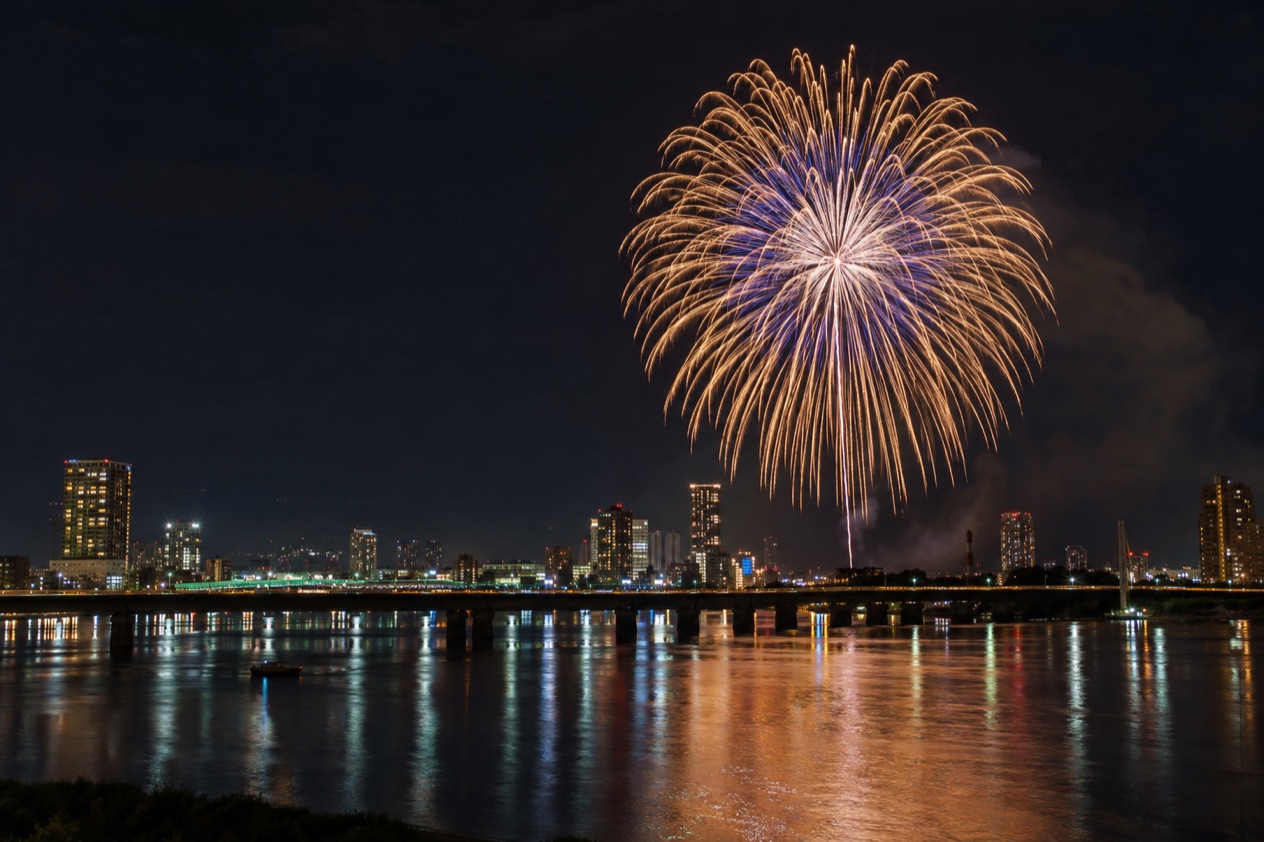 Fireworks over a river